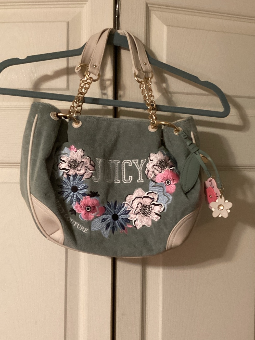 Juicy Couture Sage Green Floral Embroidered Shoulder Bag with Gold Chain